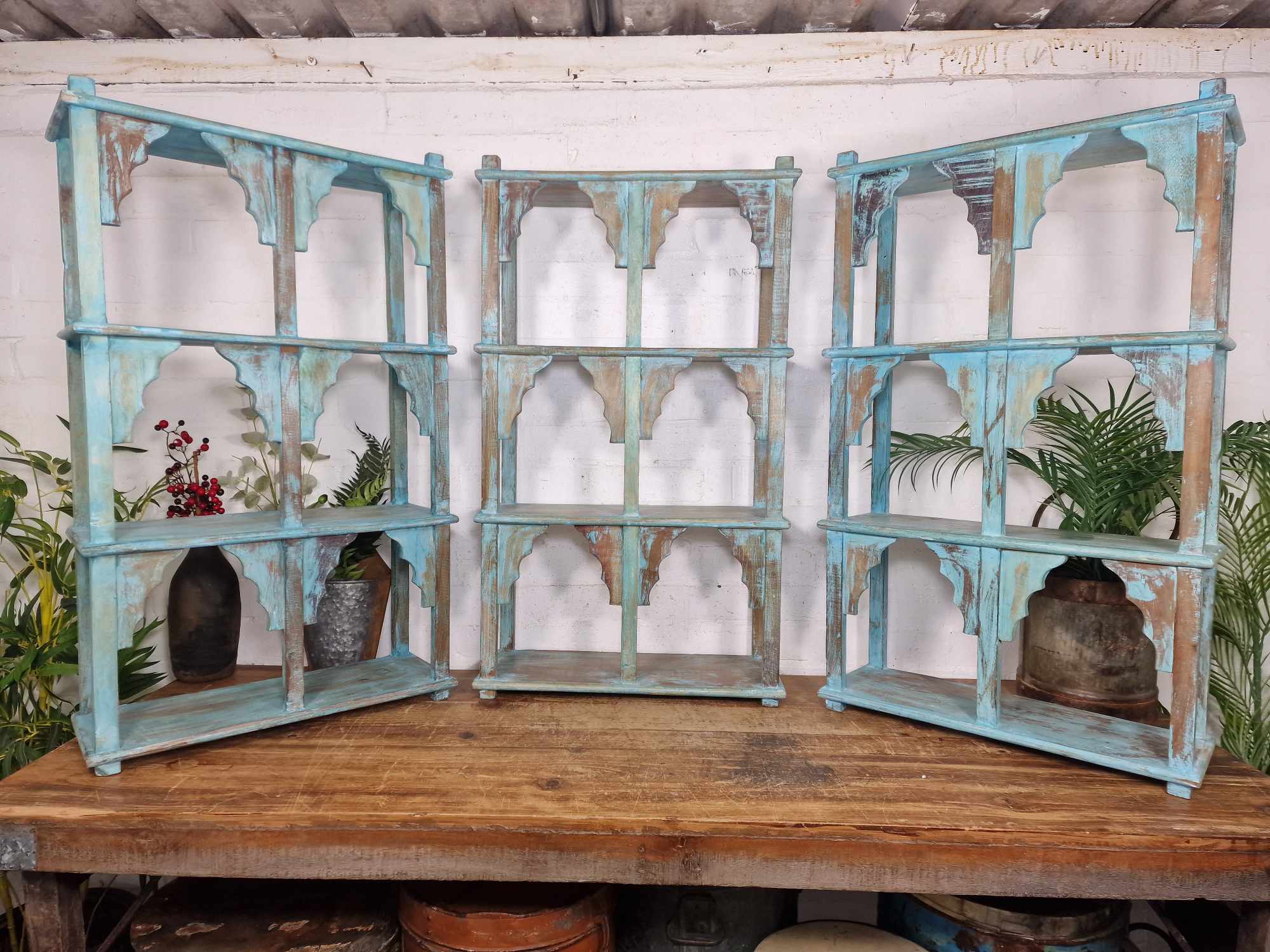 Vintage Reclaimed Indian Solid Wooded Arched Temple Wall Display Shelf Shelves