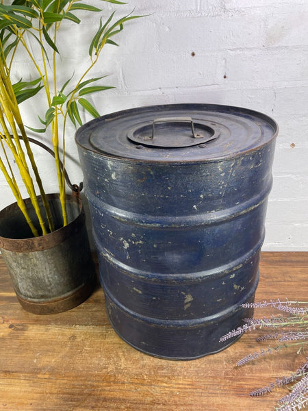 Vintage Reclaimed Indian Galvanised Metal Kitchen Storage Drum Barrel Cannister