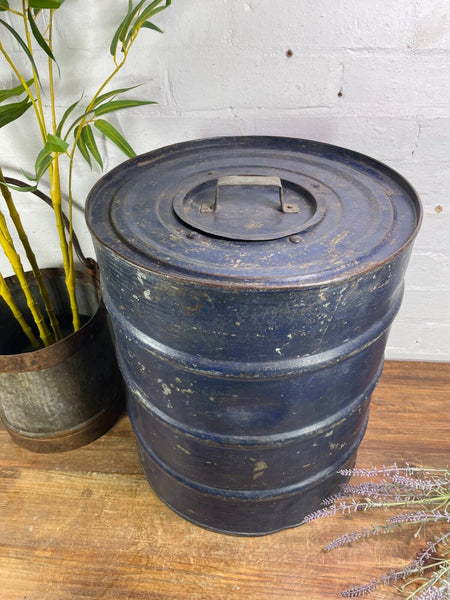 Vintage Reclaimed Indian Galvanised Metal Kitchen Storage Drum Barrel Cannister