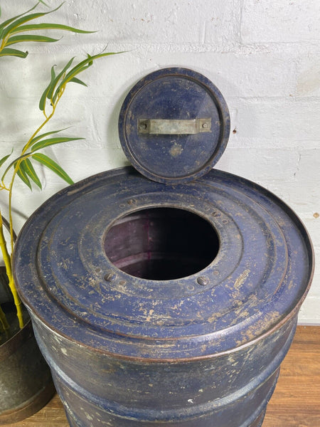 Vintage Reclaimed Indian Galvanised Metal Kitchen Storage Drum Barrel Cannister