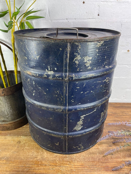 Vintage Reclaimed Indian Galvanised Metal Kitchen Storage Drum Barrel Cannister