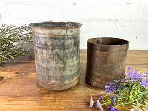 Set 2 Antique 19th Century Riveted Iron Measuring Grain Pot Herb Planter Trinket