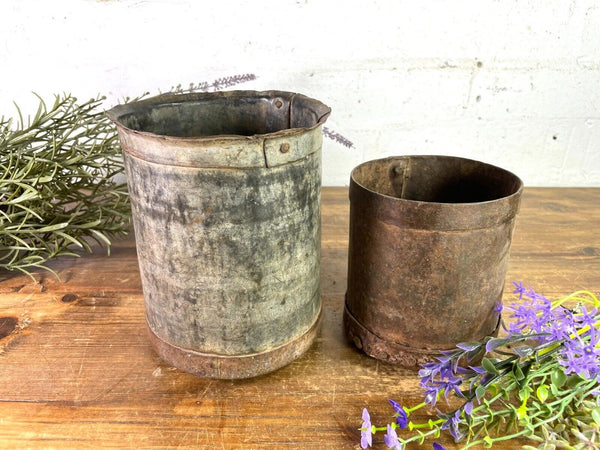 Set 2 Antique 19th Century Riveted Iron Measuring Grain Pot Herb Planter Trinket