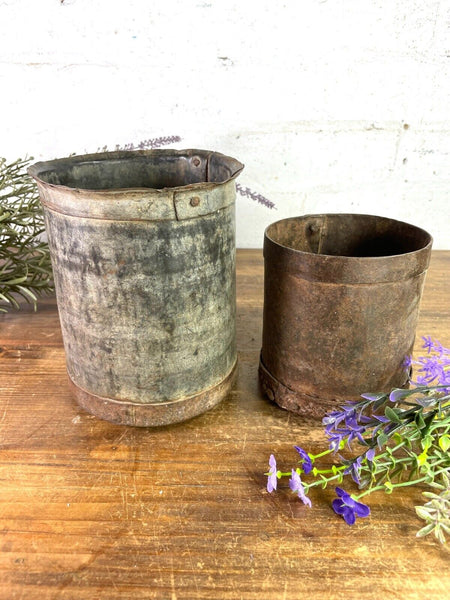 Set 2 Antique 19th Century Riveted Iron Measuring Grain Pot Herb Planter Trinket