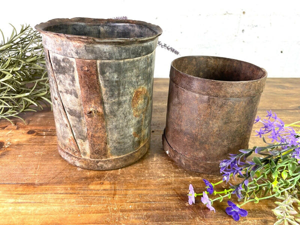 Set 2 Antique 19th Century Riveted Iron Measuring Grain Pot Herb Planter Trinket