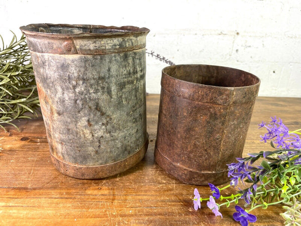 Set 2 Antique 19th Century Riveted Iron Measuring Grain Pot Herb Planter Trinket