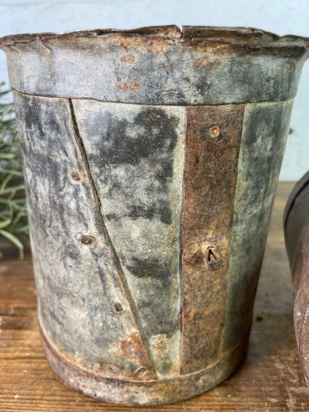 Set 2 Antique 19th Century Riveted Iron Measuring Grain Pot Herb Planter Trinket