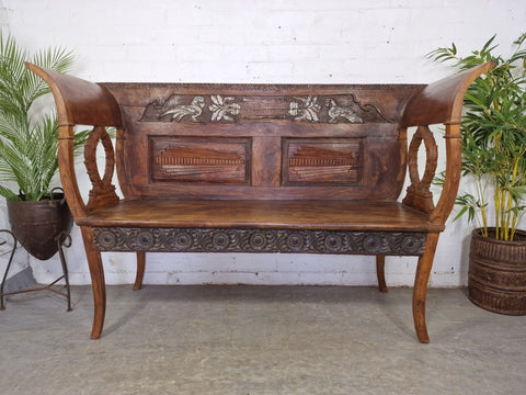 Antique Anglo Indian Colonial Hardwood Hand Carved Settle Bench Hallway Seat