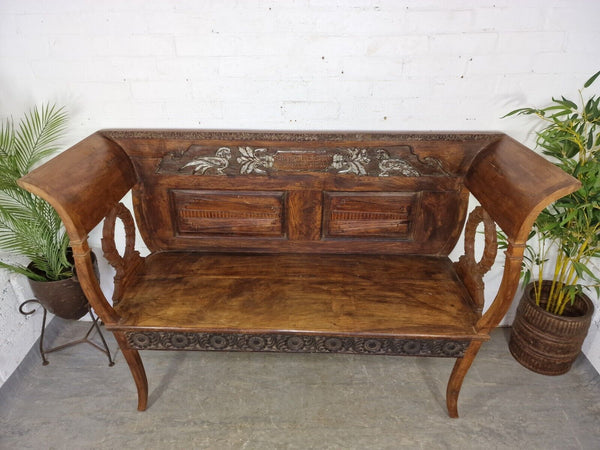 Antique Anglo Indian Colonial Hardwood Hand Carved Settle Bench Hallway Seat