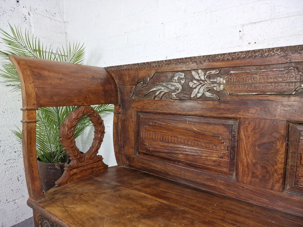 Antique Anglo Indian Colonial Hardwood Hand Carved Settle Bench Hallway Seat