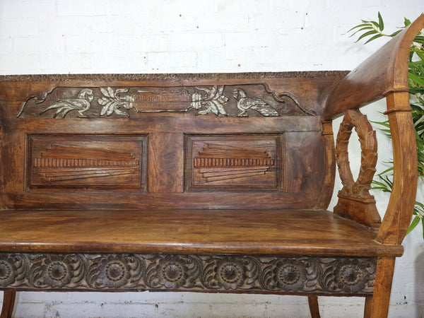 Antique Anglo Indian Colonial Hardwood Hand Carved Settle Bench Hallway Seat