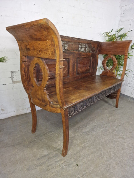 Antique Anglo Indian Colonial Hardwood Hand Carved Settle Bench Hallway Seat