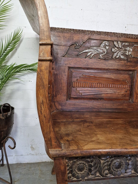 Antique Anglo Indian Colonial Hardwood Hand Carved Settle Bench Hallway Seat