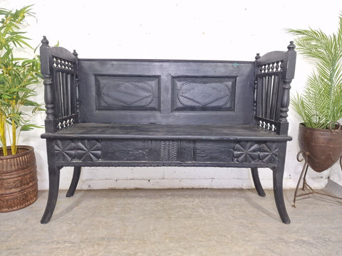 Antique Anglo Indian Colonial Hardwood Hand Carved Settle Bench Hallway Seat