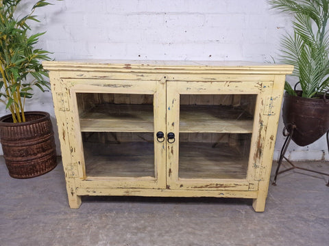 Vintage Reclaimed Indian Glazed Wooden Sideboard Tv Unit Drinks Cabinet Cupboard