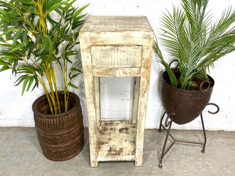 Vintage Reclaimed Indian Rustic Whitewash Wooden Plant Lamp Table Stand