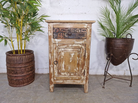 Vintage Reclaimed Rustic Indian Wooden Bedside Cabinet Side Table