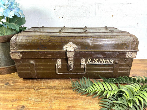 Vintage Industrial Indian Bombay Metal Railway Trunk Chest Luggage Coffee Table