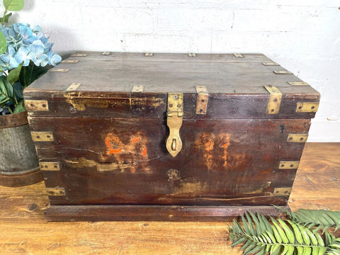 Antique Indian Colonial Military Engineers Hardwood Campaign Chest Trunk