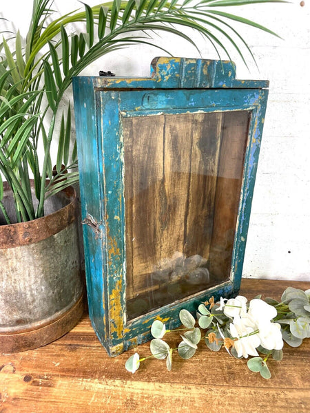 Vintage Rustic Indian Wooden Glazed Shop Display Bathroom Kitchen Wall Cabinet