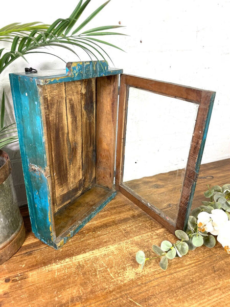 Vintage Rustic Indian Wooden Glazed Shop Display Bathroom Kitchen Wall Cabinet