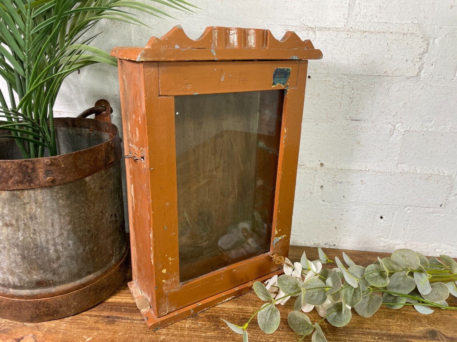 Vintage Rustic Indian Wooden Glazed Shop Display Bathroom Kitchen Wall Cabinet