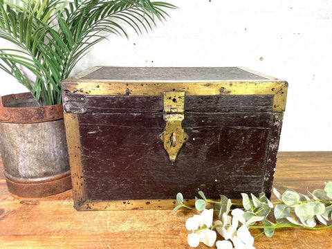 Antique 19th Century Brass Wooden Indian Colonial Merchants Pay Clerk Cash Box