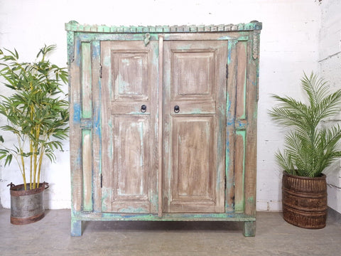 Vintage Rustic Indian Green Wooden Shop Display Bathroom Kitchen Drinks Cabinet