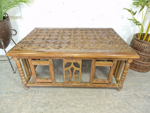 Antique Indian Colonial Hand Carved Solid Wooden Coffee Table