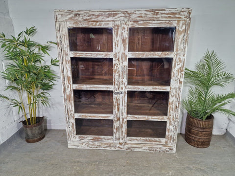 Vintage Reclaimed Indian Glazed Wooden Glass Kitchen Bathroom Drinks Cabinet