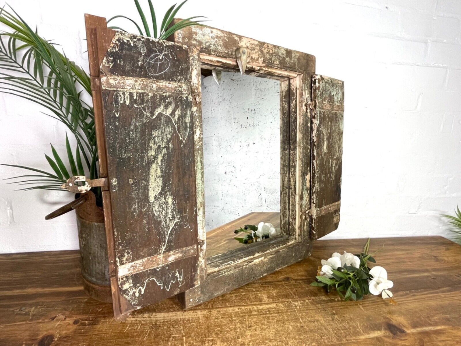 Vintage Antique Rustic Indian Wooden Window Frame Shutters Wall Garden Mirror