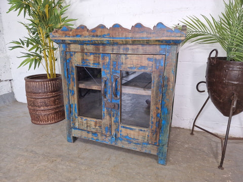 Vintage Reclaimed Indian Glazed Wooden Glass Kitchen Bathroom Drinks Cabinet