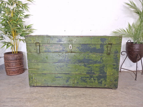 Very Large Vintage Rustic Green Pine Wooden Ammunition Trunk Blanket Box