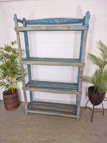 Vintage Reclaimed Indian Solid Wooden Blue Shelves Bookcase Racking