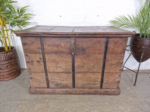 Antique Indian Colonial Military Engineers Hardwood Campaign Dowry Chest Trunk