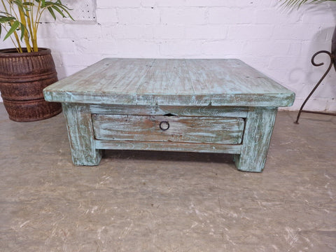 Vintage Rustic Indian Reclaimed Blue Low Wooden Coffee Table With Drawer