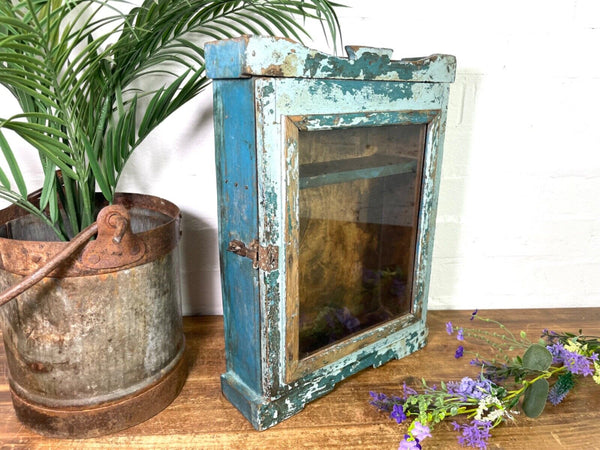 Vintage Rustic Indian Wooden Glazed Shop Display Bathroom Kitchen Wall Cabinet