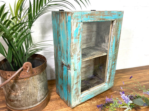 Vintage Rustic Indian Wooden Glazed Shop Display Bathroom Kitchen Wall Cabinet