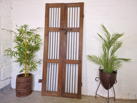 Old Pair Vintage Reclaimed Indian Wooden Iron Doors Shutters Garden Gates Screen