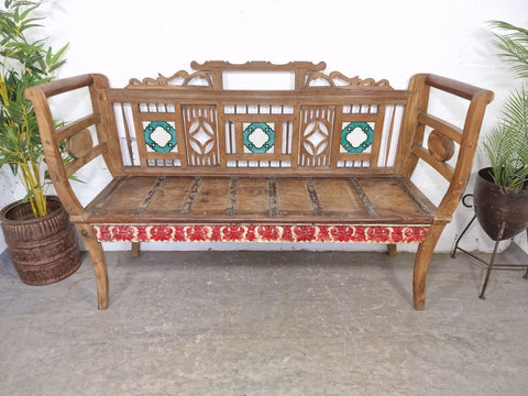 Antique Anglo Indian Colonial Hardwood Hand Carved Settle Bench Hallway Seat