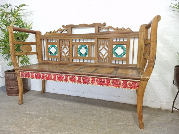 Antique Anglo Indian Colonial Hardwood Hand Carved Settle Bench Hallway Seat