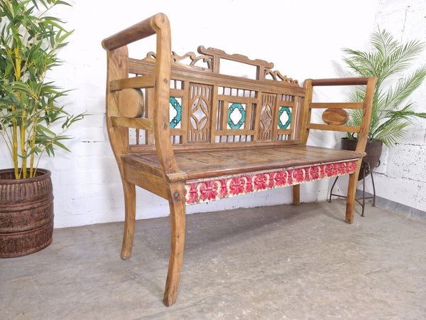 Antique Anglo Indian Colonial Hardwood Hand Carved Settle Bench Hallway Seat