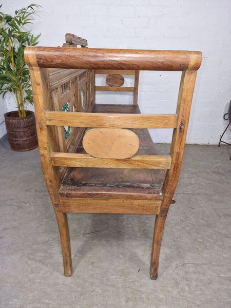 Antique Anglo Indian Colonial Hardwood Hand Carved Settle Bench Hallway Seat