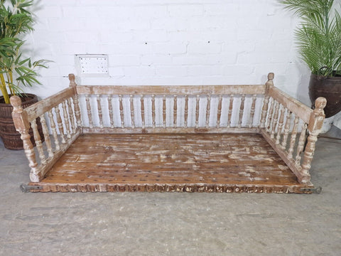 Vintage Antique Indian White Hardwood Two Seater  Garden Patio Swing Bench Seat