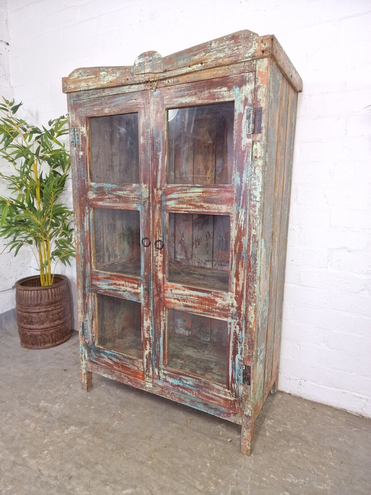 Vintage Reclaimed Indian Glazed Wooden Glass Kitchen Bathroom Drinks Cabinet