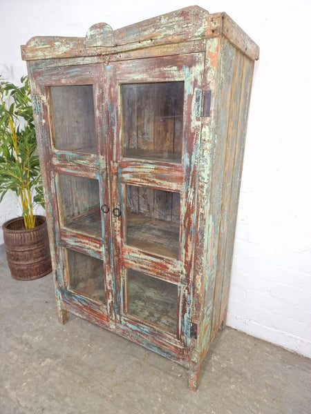 Vintage Reclaimed Indian Glazed Wooden Glass Kitchen Bathroom Drinks Cabinet