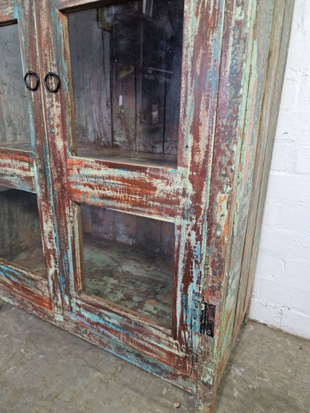 Vintage Reclaimed Indian Glazed Wooden Glass Kitchen Bathroom Drinks Cabinet