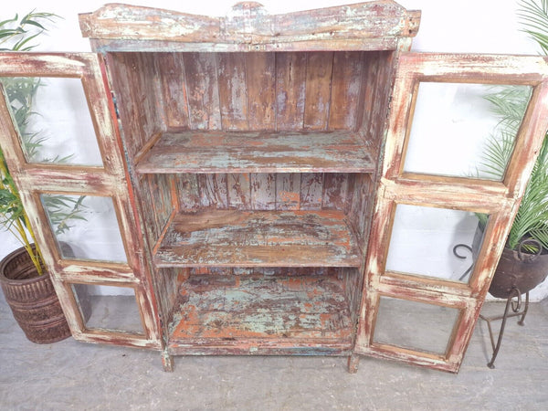 Vintage Reclaimed Indian Glazed Wooden Glass Kitchen Bathroom Drinks Cabinet