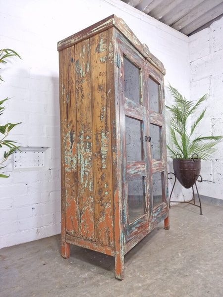 Vintage Reclaimed Indian Glazed Wooden Glass Kitchen Bathroom Drinks Cabinet