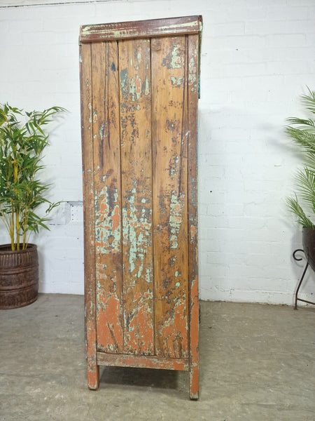 Vintage Reclaimed Indian Glazed Wooden Glass Kitchen Bathroom Drinks Cabinet